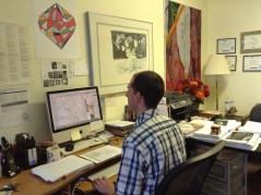 Pete, with a sample of his artwork in the right-hand corner.