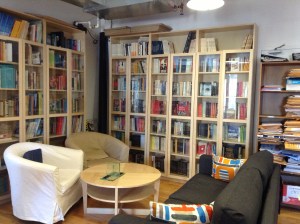 In the shelves, the library of House of Anansi books. To the right, the submission pile (in which there might just be the next "lucky" book). 
