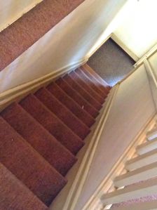 These are the servant stairs. There is nothing for perspective here, but the width couldn't be more than 3 feet across. If that, even.